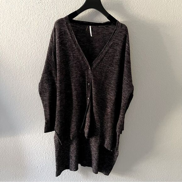 Free People Black Knit Soft Relaxed V Neck Button Dow Duster Sweater Stretch S/M - Picture 5 of 16